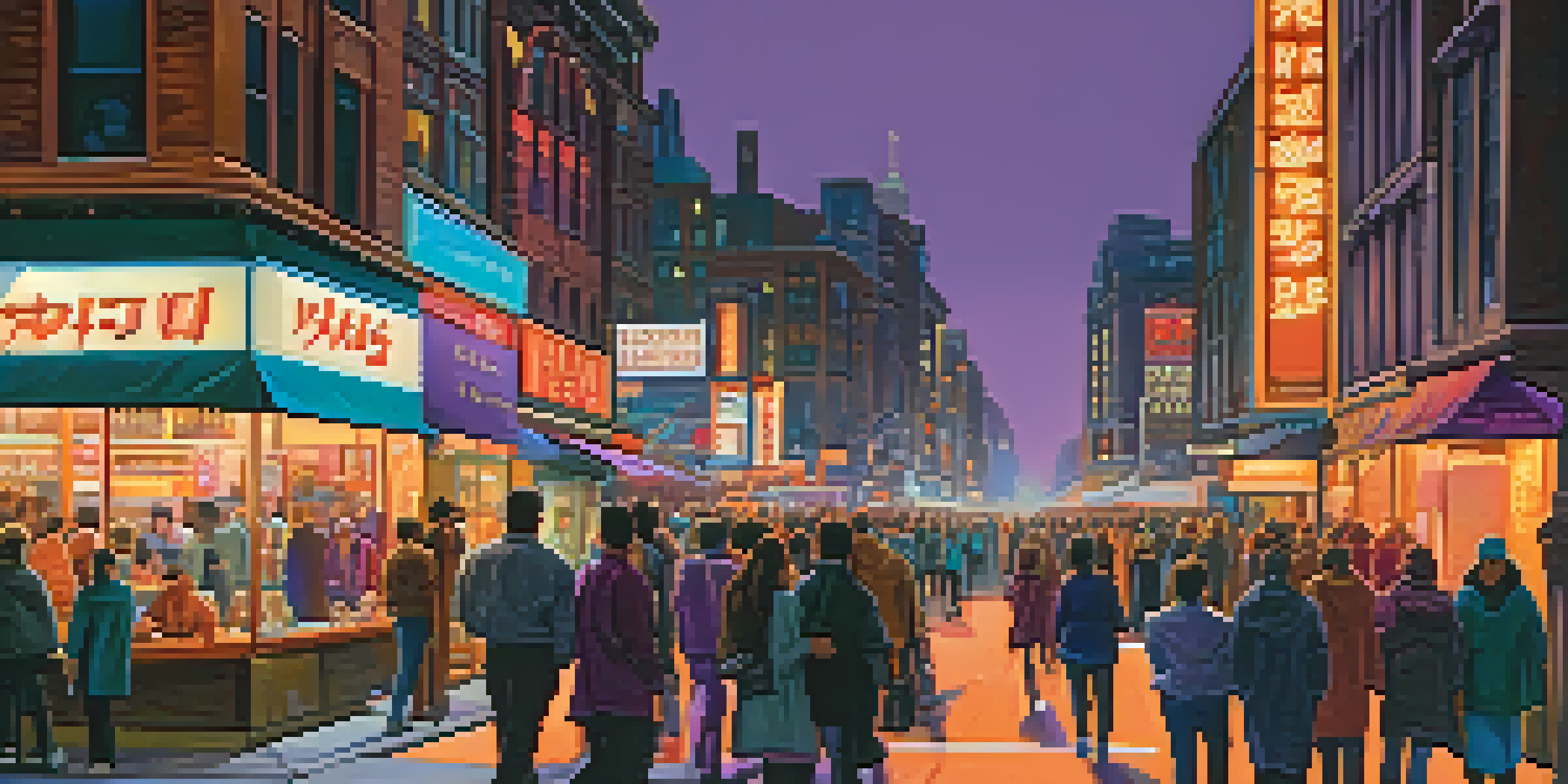 A lively city street in the evening, filled with people and illuminated by colorful neon lights.