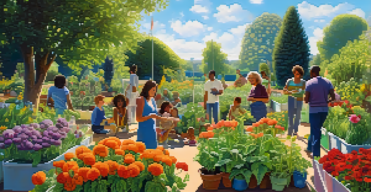 A community garden with a diverse group of people interacting with genetically modified plants, under a clear blue sky.