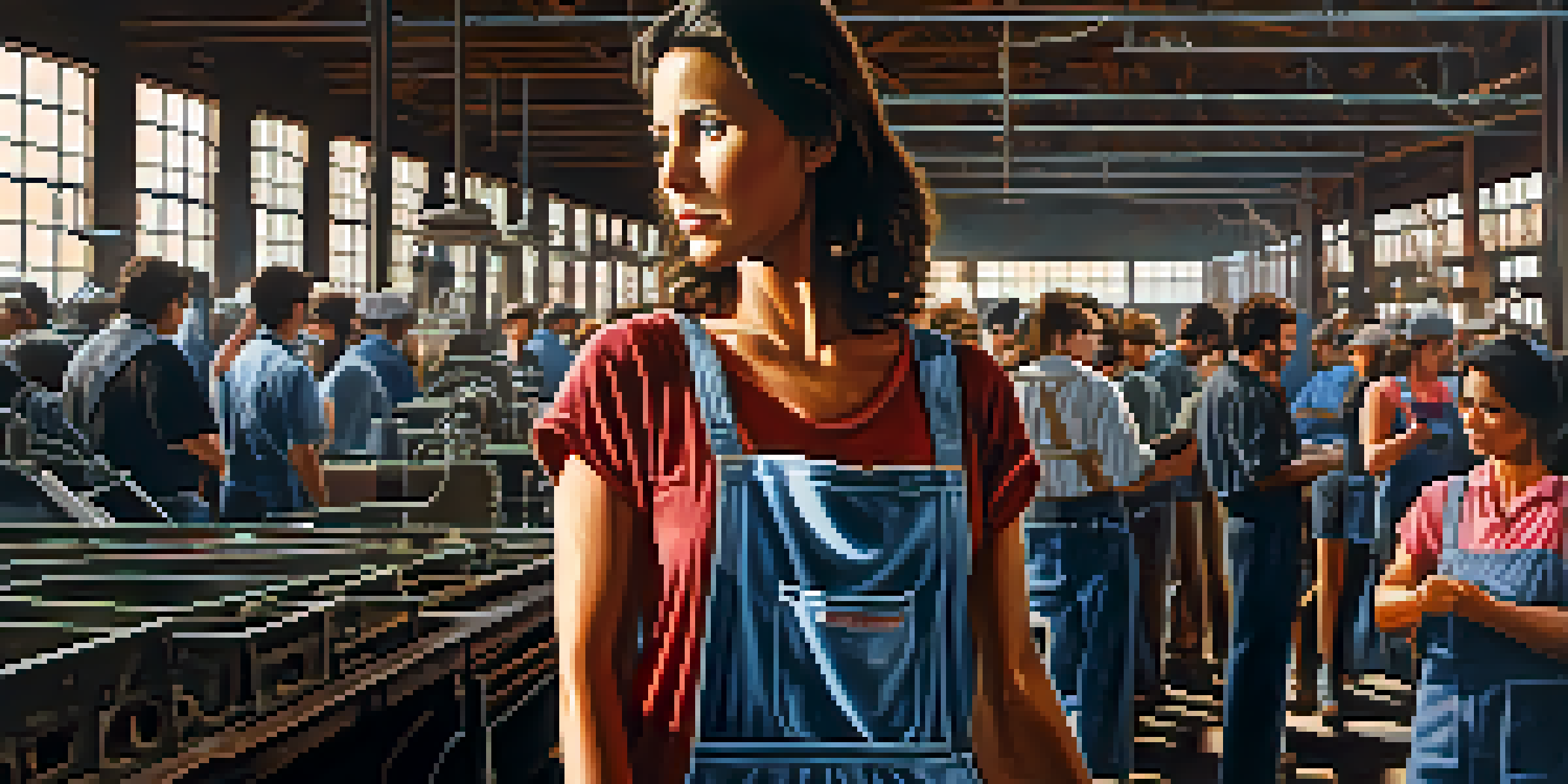 A factory worker named Norma Rae stands confidently in a textile factory, holding a sign for workers' rights, surrounded by her determined coworkers.