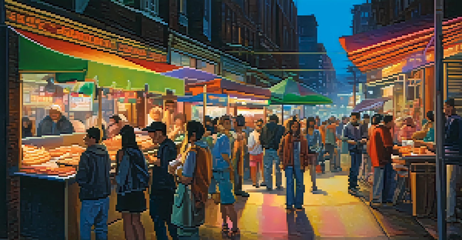 A busy urban street at night, filled with people and colorful neon lights from shops and vendors.