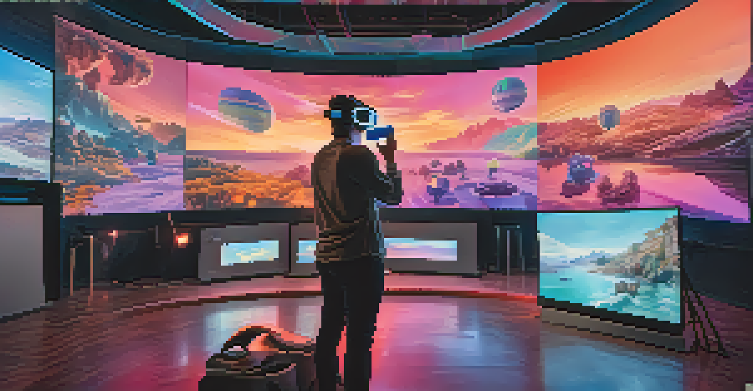 A filmmaker wearing virtual reality goggles in a futuristic studio, surrounded by vibrant digital elements representing innovative storytelling.