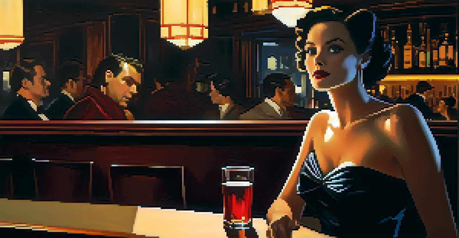 A femme fatale in a vintage gown at a bar, with warm lighting highlighting her features.