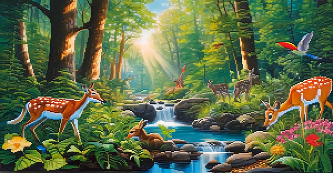 An animated forest filled with colorful trees, flowers, and wildlife, with sunlight filtering through the leaves and a small stream flowing through the scene.