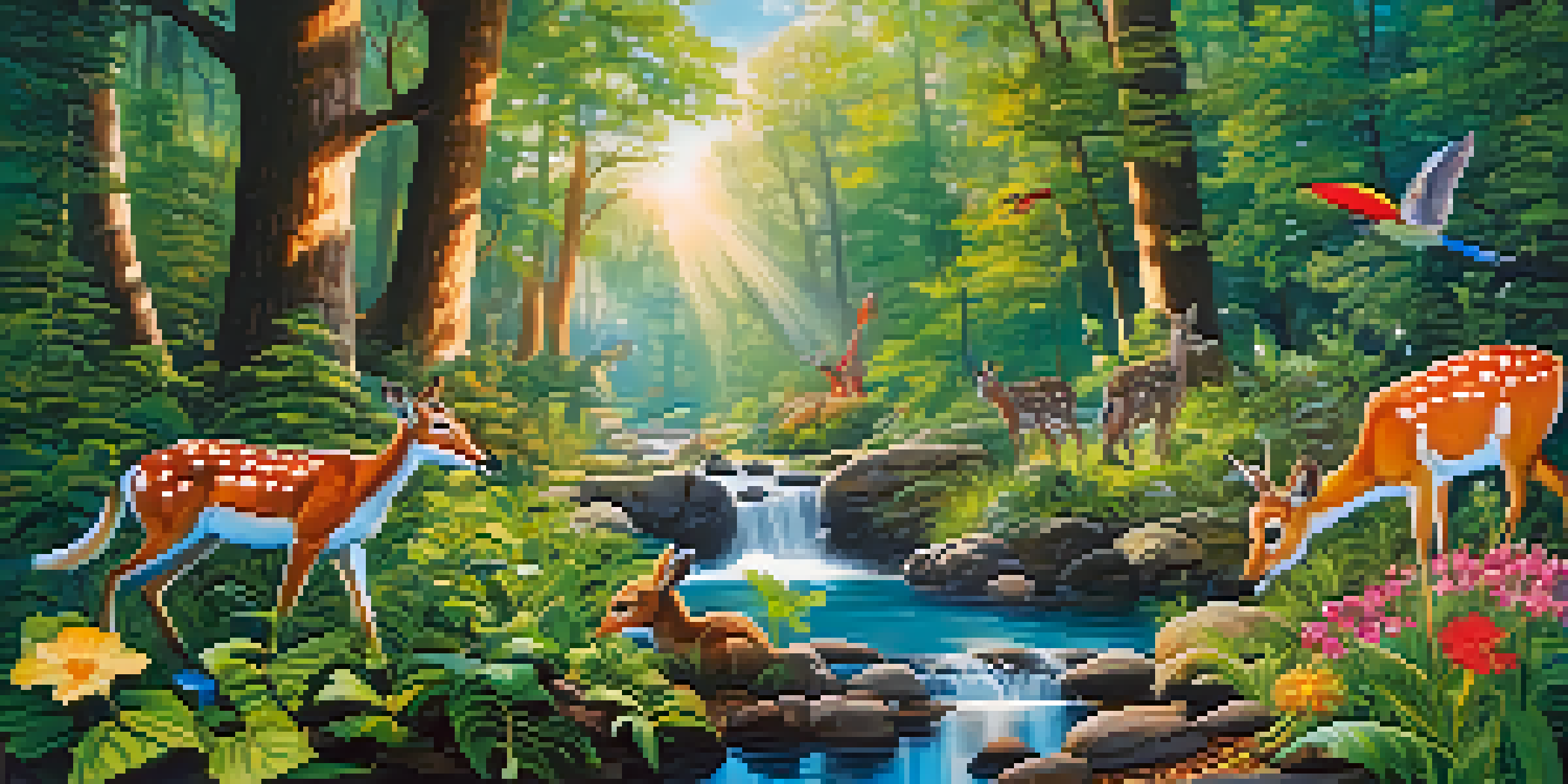An animated forest filled with colorful trees, flowers, and wildlife, with sunlight filtering through the leaves and a small stream flowing through the scene.