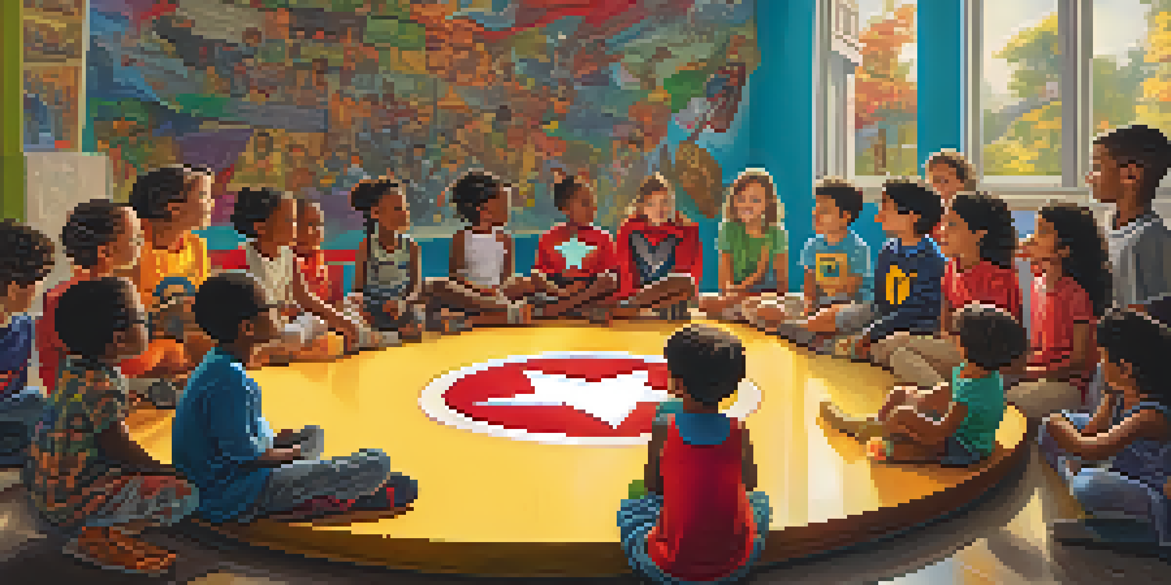 A diverse group of children listening to a storyteller, surrounded by a colorful mural of superheroes and inventors.