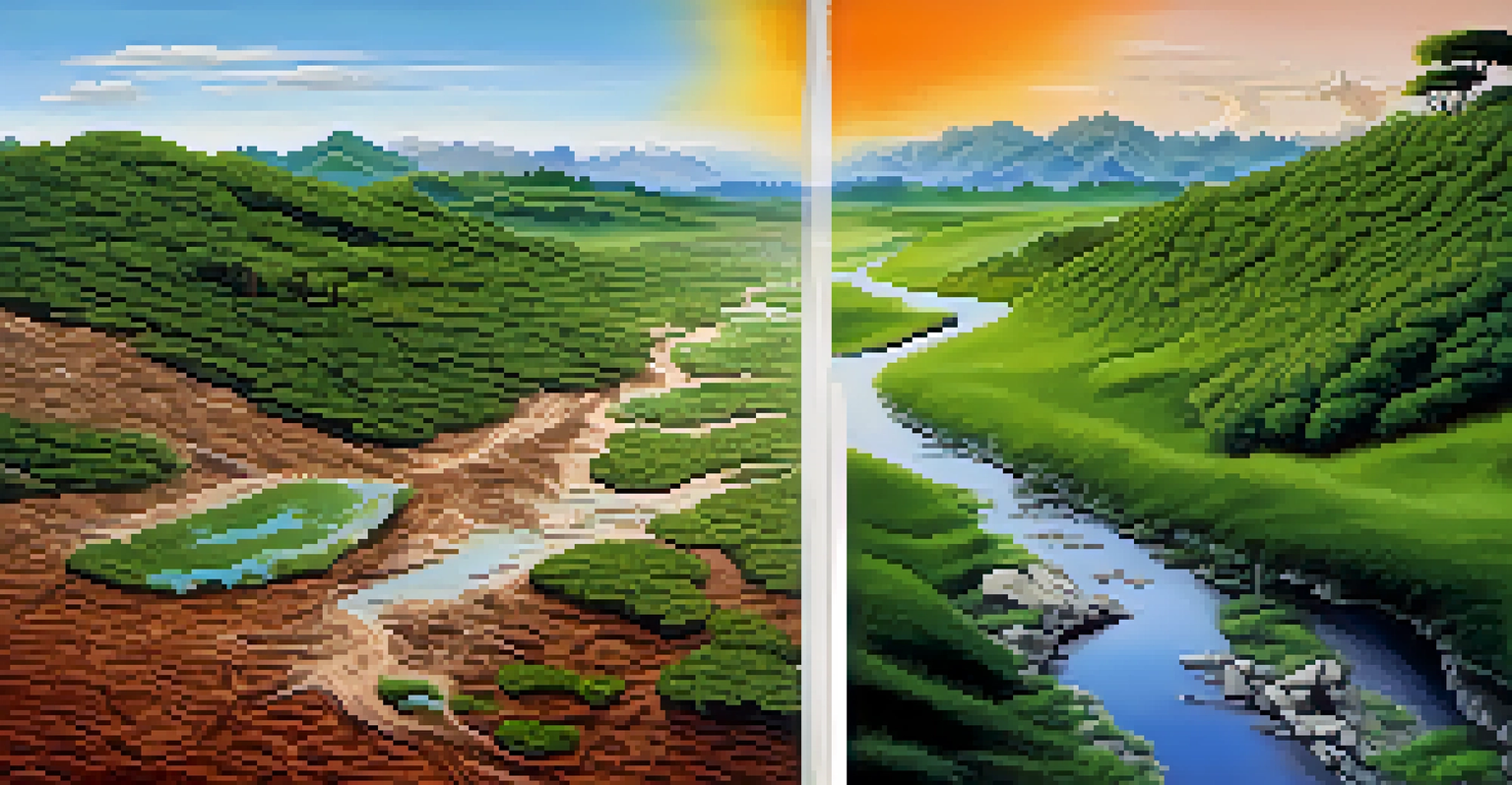 A split scene showing a thriving landscape on one side and a polluted, barren landscape on the other, representing climate change awareness.