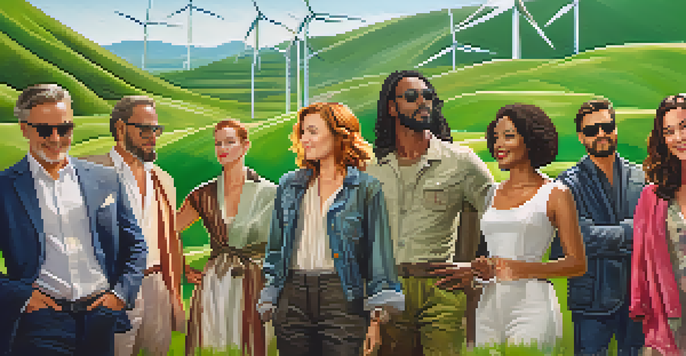 A film set with actors in eco-friendly clothing against a green landscape with solar panels and wind turbines.