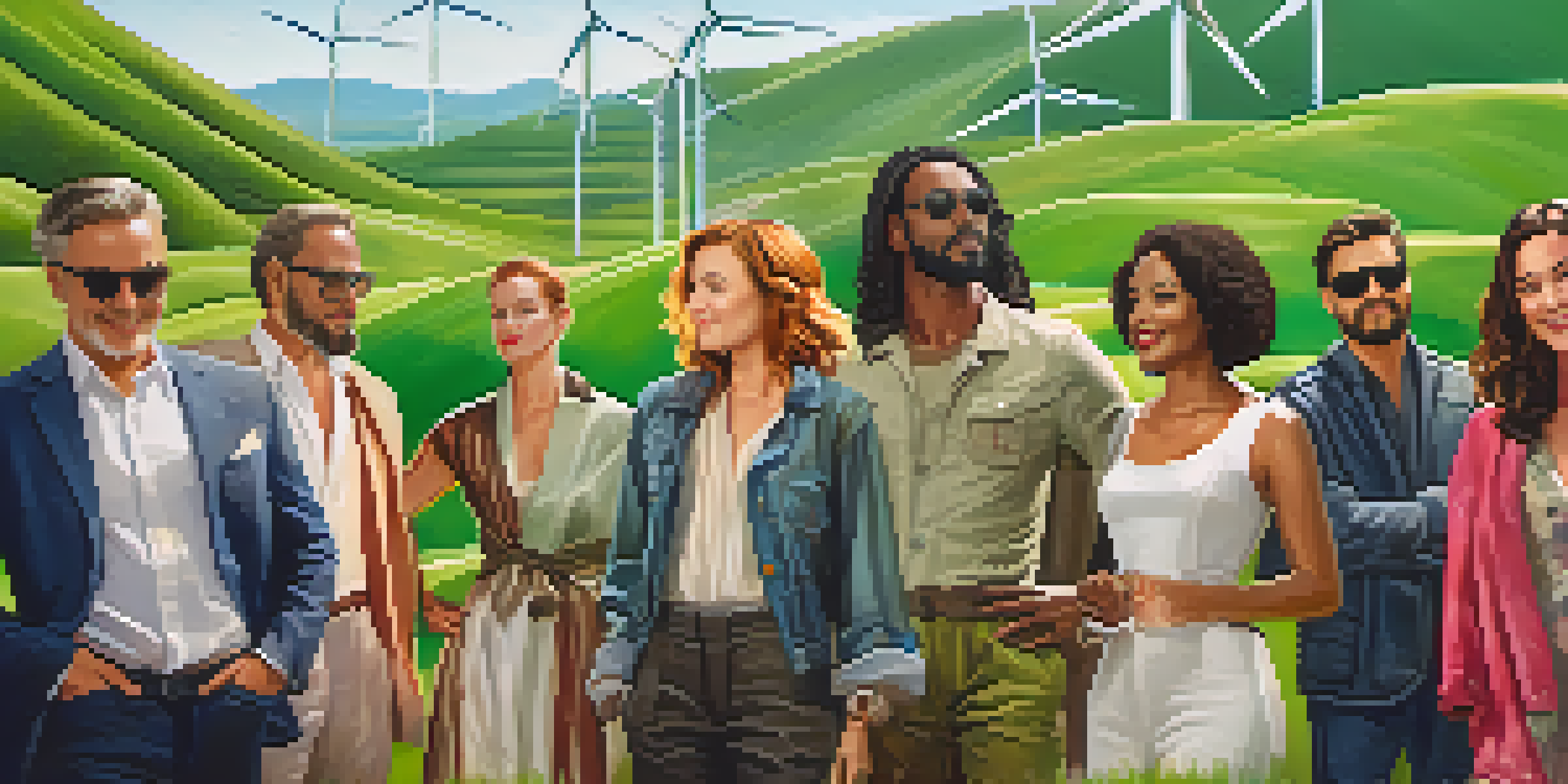 A film set with actors in eco-friendly clothing against a green landscape with solar panels and wind turbines.
