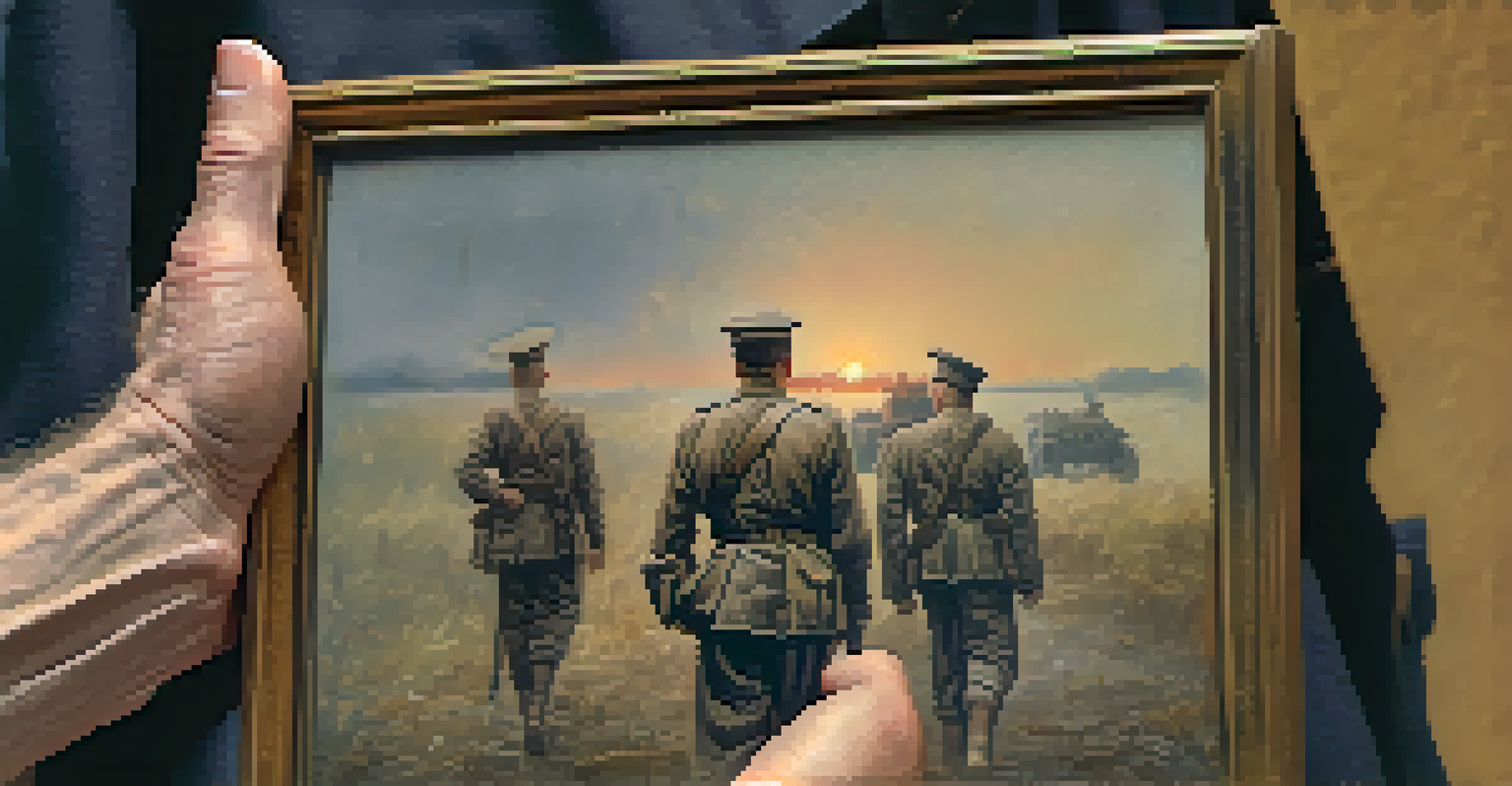 A close-up of a veteran's hand holding a worn photograph of their younger self in uniform, symbolizing nostalgia.
