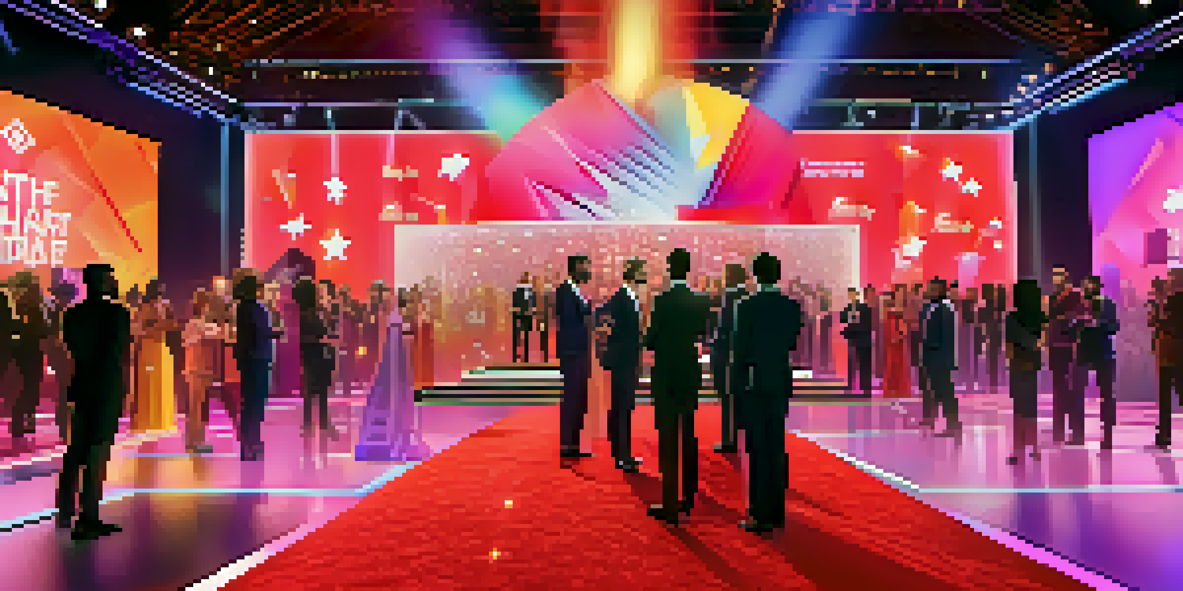 A lively virtual award show scene with diverse nominees and a colorful digital red carpet, showcasing an inclusive atmosphere.