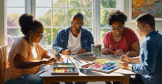 A diverse group of people, some with disabilities, engaged in a creative discussion around a table with art supplies, illuminated by natural light.