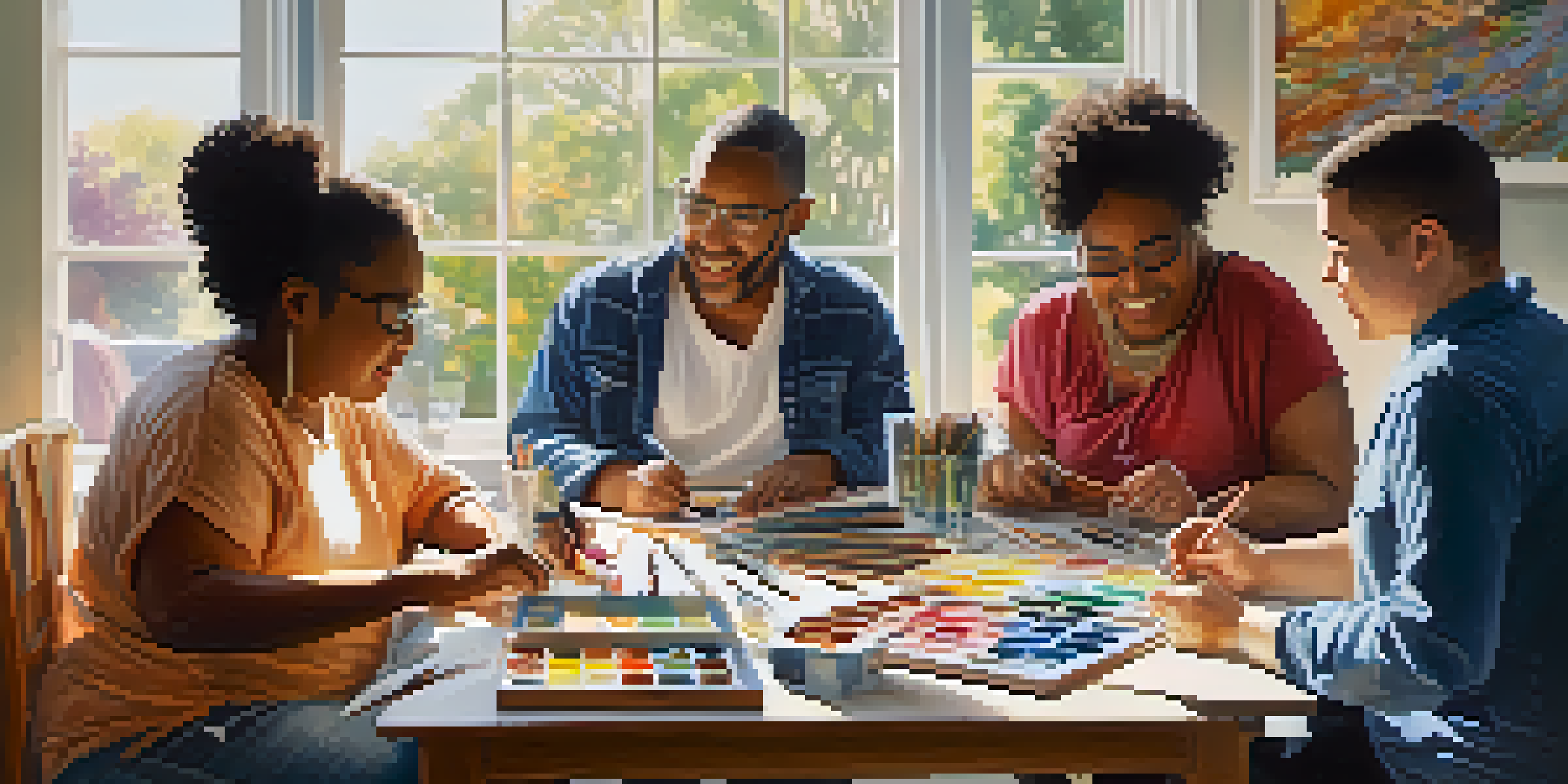 A diverse group of people, some with disabilities, engaged in a creative discussion around a table with art supplies, illuminated by natural light.