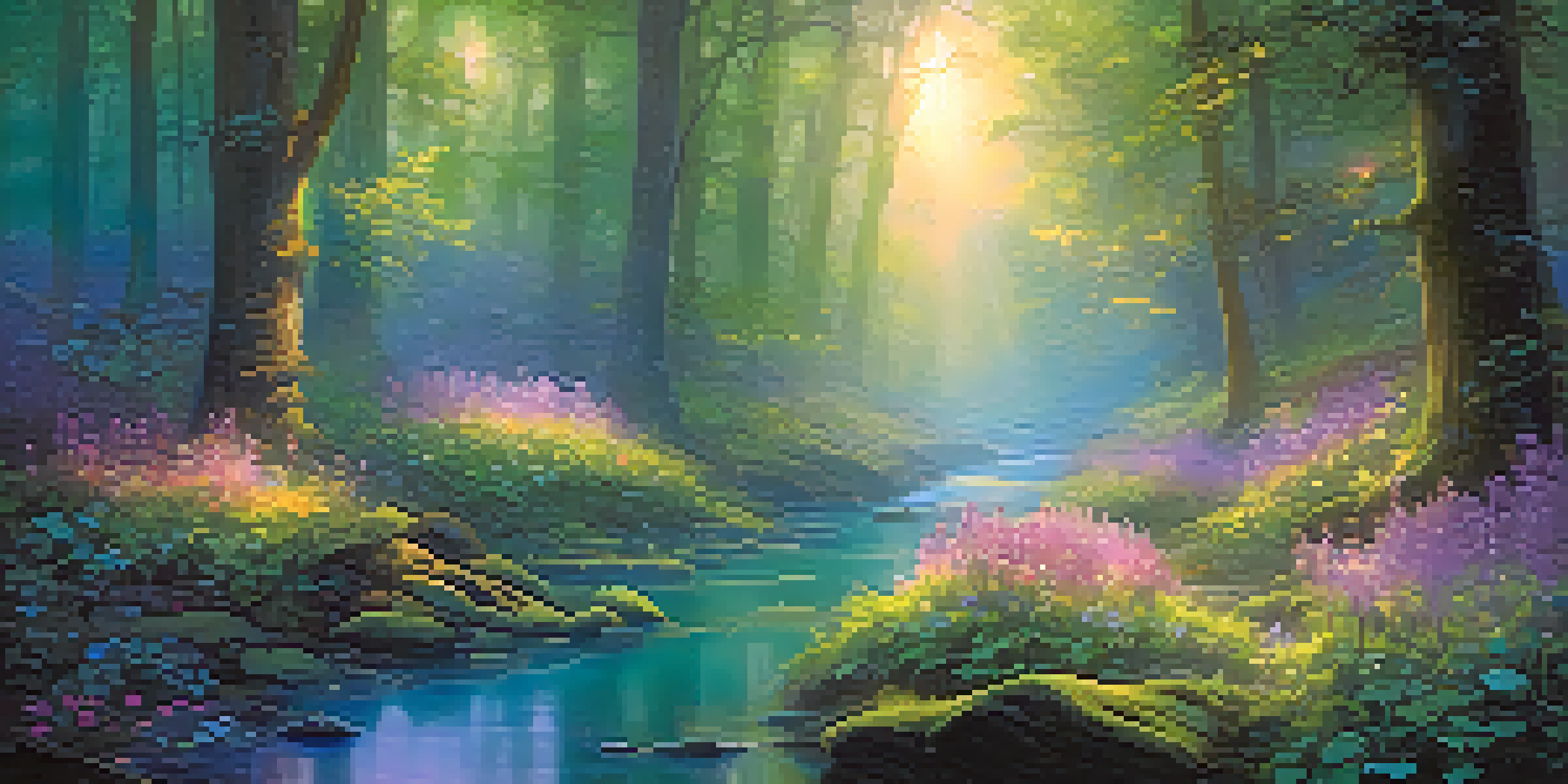 A mystical forest at twilight with luminescent flowers and enchanted creatures, featuring a sparkling brook and soft golden light filtering through the trees.