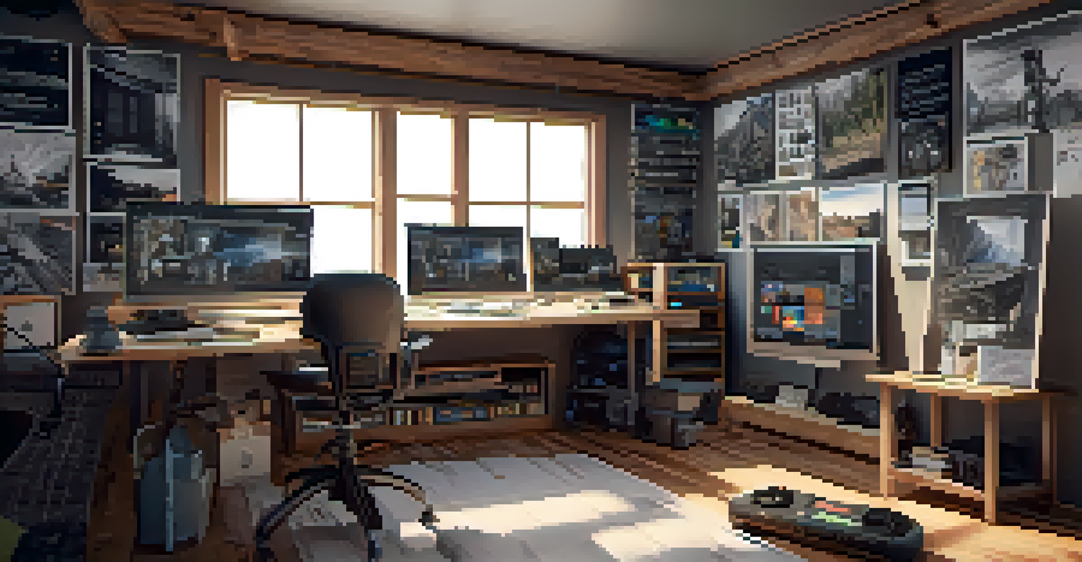 An artist's workspace with VR equipment and sketches for a virtual reality film.