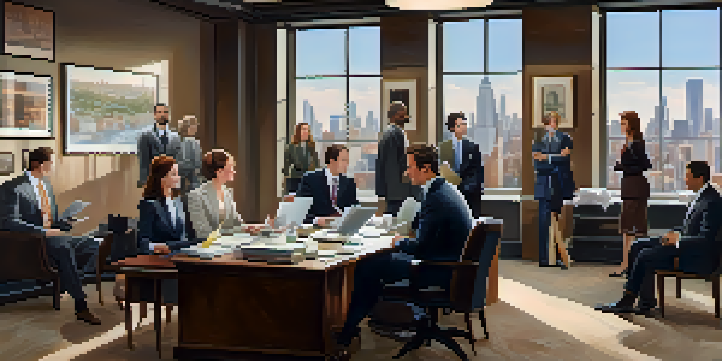 A vibrant talent agency office with agents and clients discussing around a table, large windows showing the city skyline.