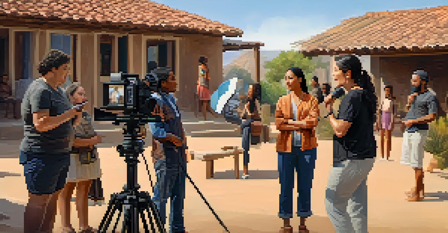 A female director instructing her diverse cast on a film set in an outdoor location.