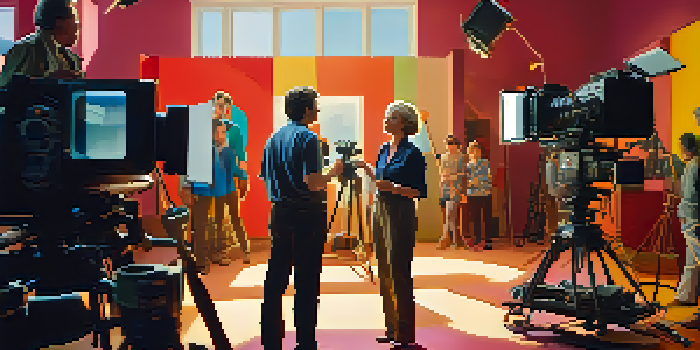 A female film director engaging with her cinematographer on a colorful movie set filled with props and warm sunlight.