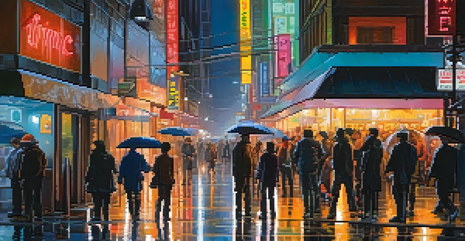 A lively city street at night, featuring neon lights, diverse pedestrians, and reflections in puddles from recent rain.