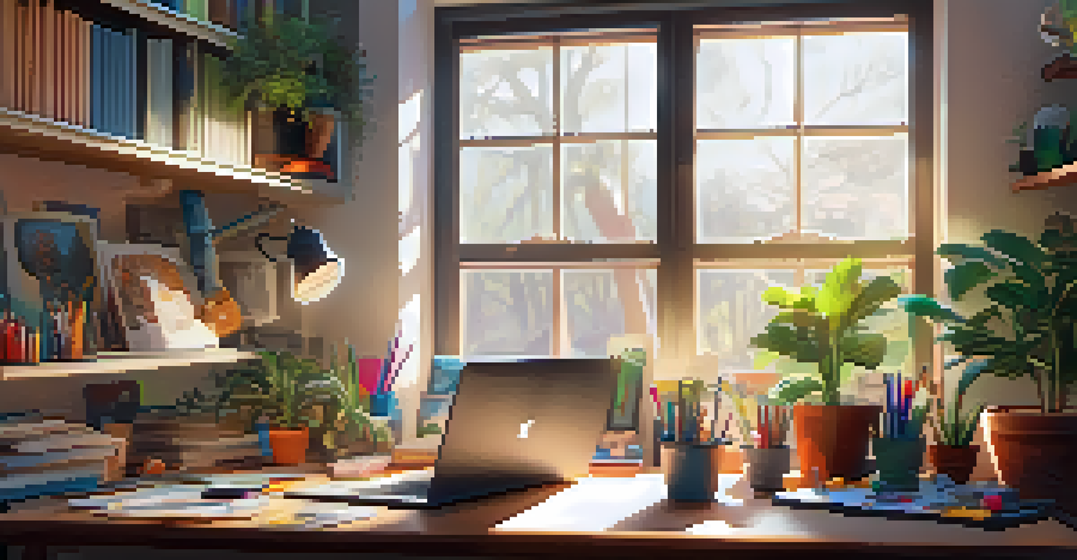 A creative workspace with an emerging artist working on their laptop amidst sketches and markers, illuminated by soft morning light.