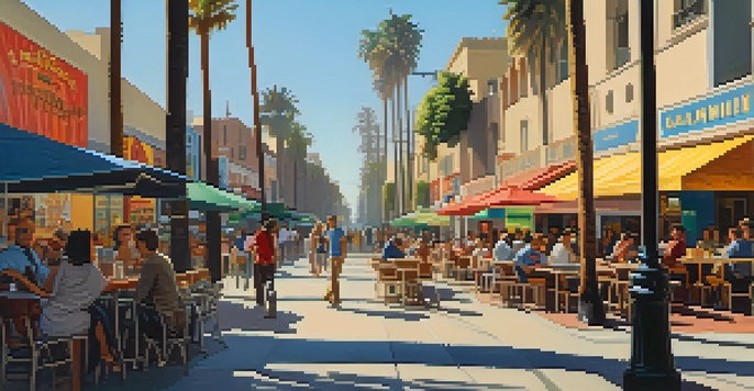 A vibrant Hollywood street scene with diverse people at outdoor cafes, colorful movie posters, and palm trees under warm golden hour lighting.