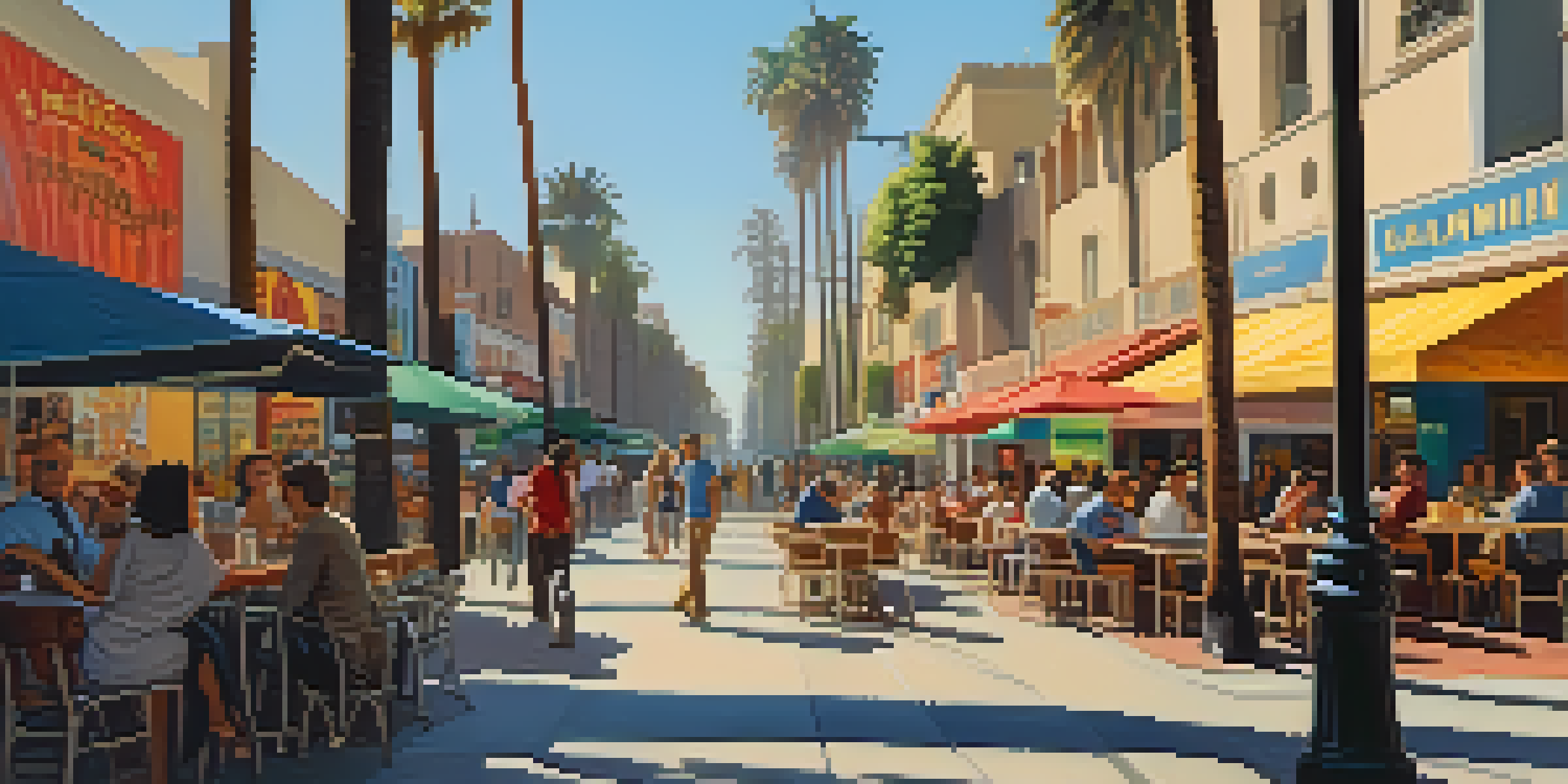 A vibrant Hollywood street scene with diverse people at outdoor cafes, colorful movie posters, and palm trees under warm golden hour lighting.