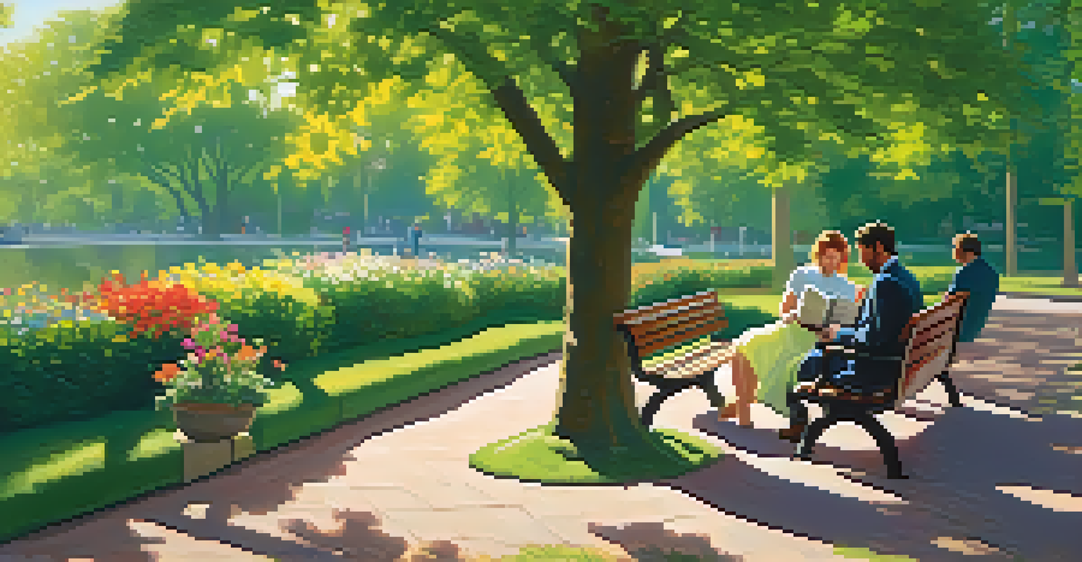 A woman reading a book on a bench as a man approaches with flowers in a sunny park.