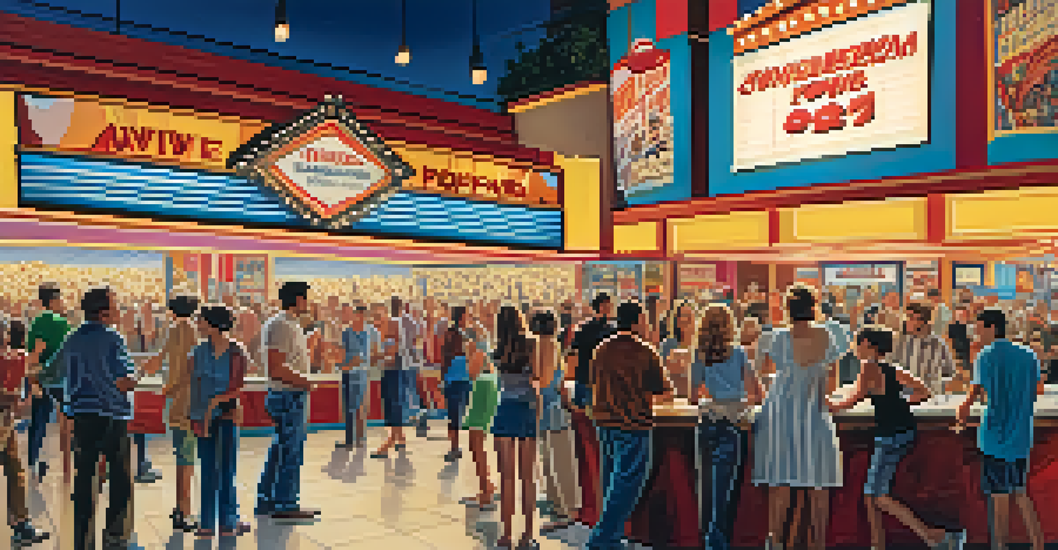 A bustling cinema lobby with moviegoers, a marquee displaying film titles, concession stands, and colorful movie posters, creating a lively atmosphere.