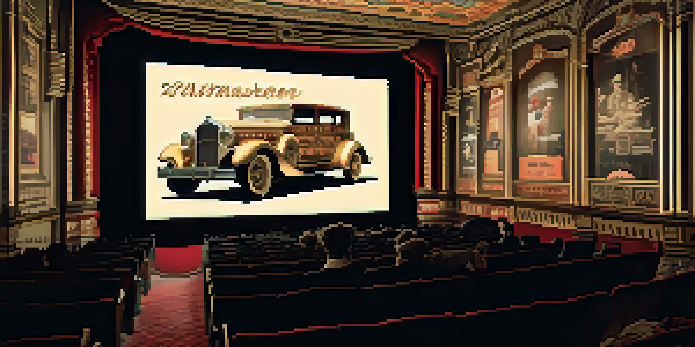 A vintage cinema interior showcasing an audience watching a silent film trailer on a large screen, with ornate decor and soft golden lighting.