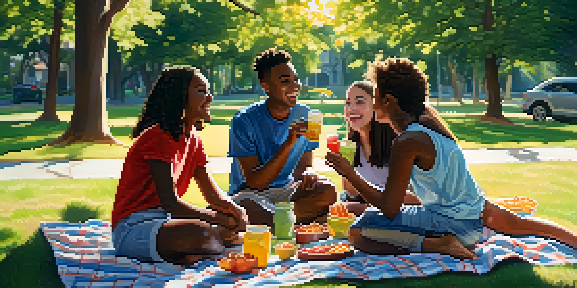 A group of teenagers enjoying a picnic in a park, laughing and sharing stories under the sunlight.