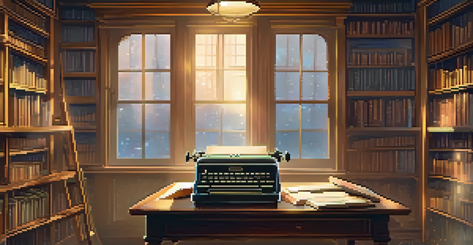 A vintage library with books, film reels, and a typewriter, illuminated by soft golden lighting.