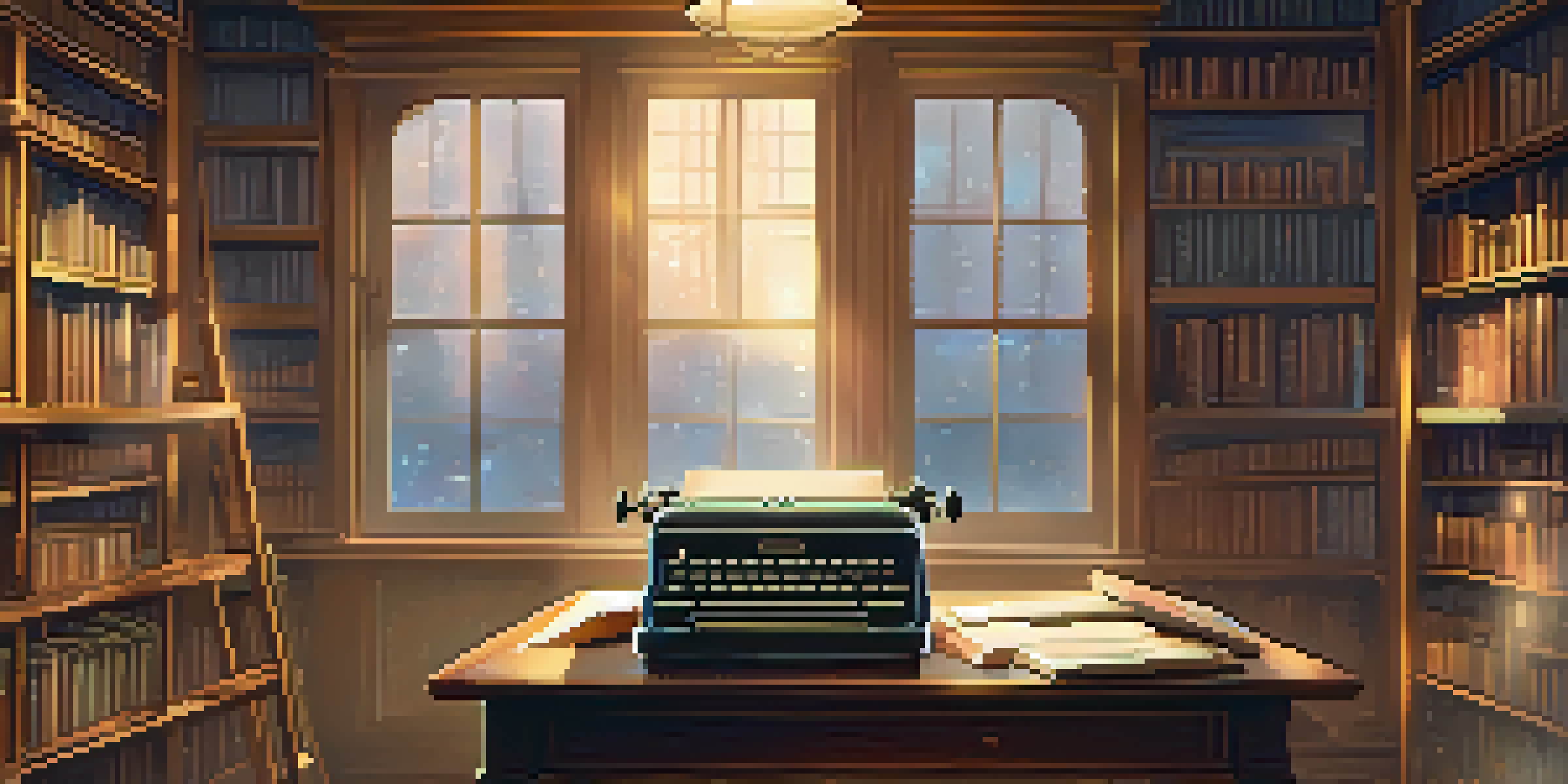 A vintage library with books, film reels, and a typewriter, illuminated by soft golden lighting.