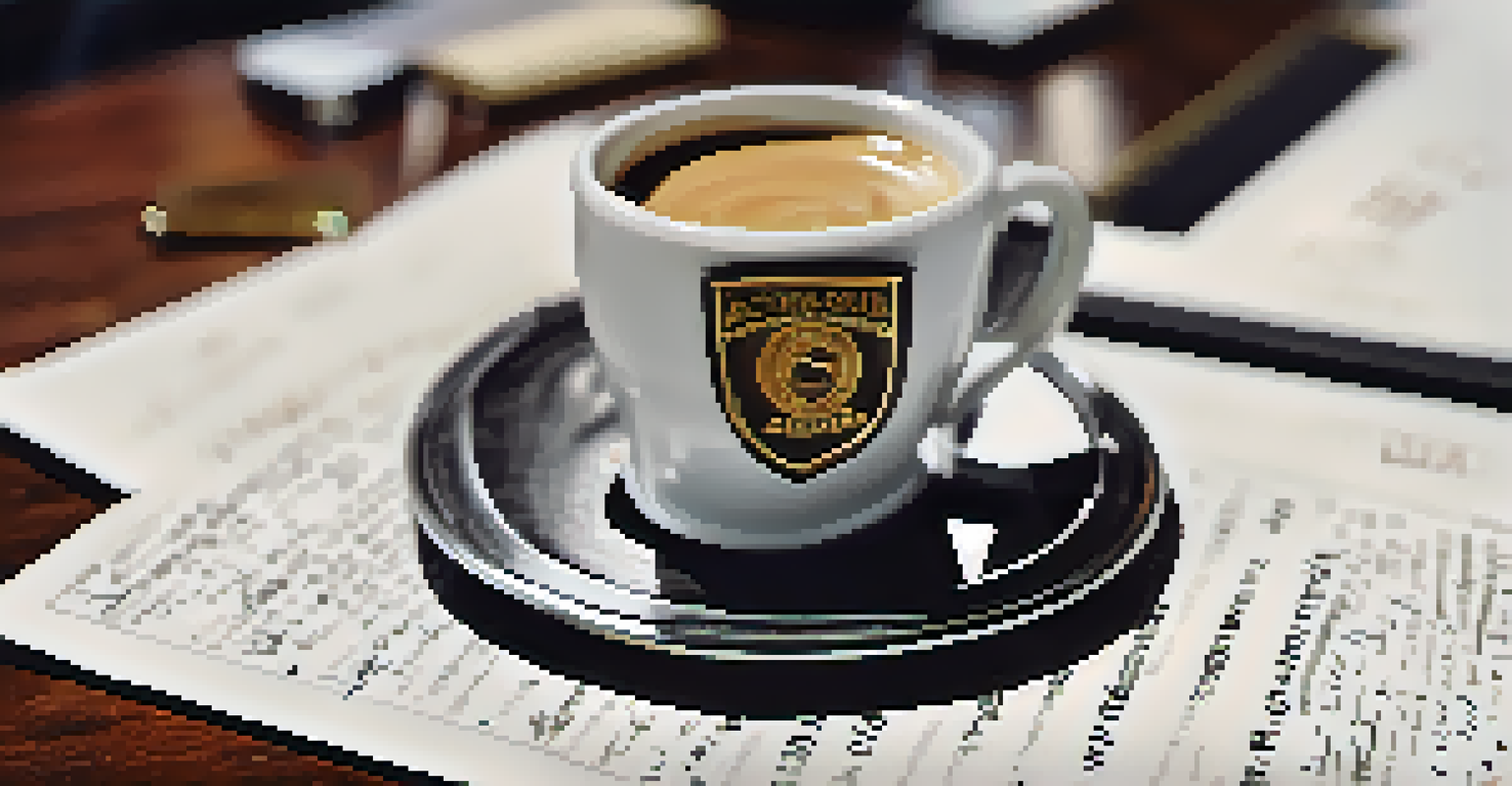 A close-up of a Screen Actors Guild badge, scripts with notes, and a steaming coffee cup on a table.