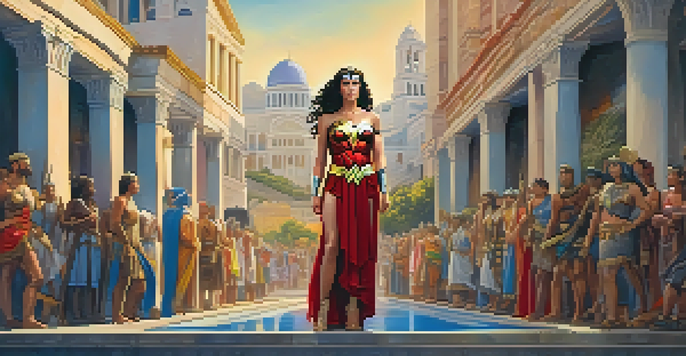 A confident female figure inspired by Wonder Woman in an urban setting, surrounded by colorful street art and warm sunlight.