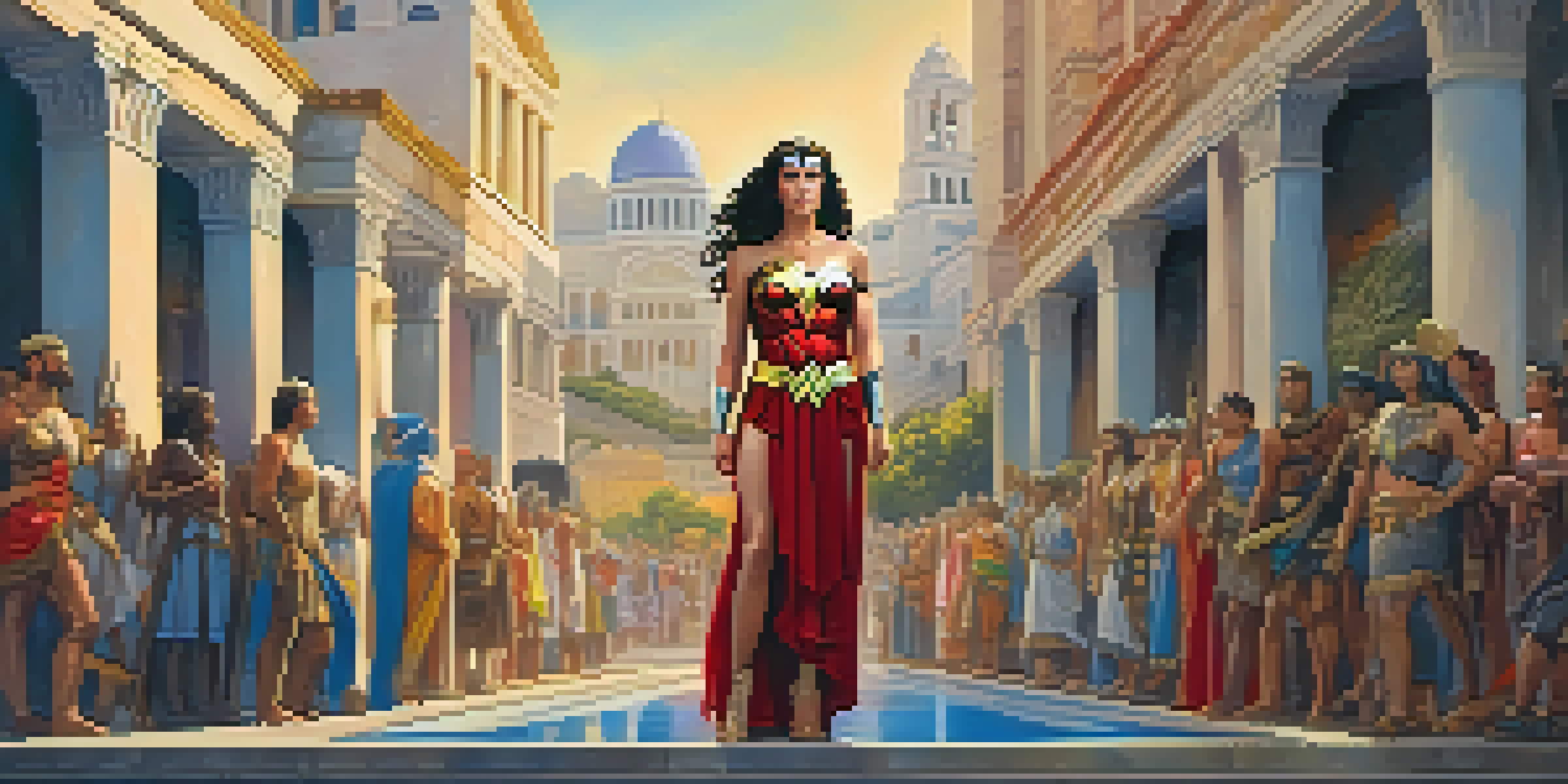 A confident female figure inspired by Wonder Woman in an urban setting, surrounded by colorful street art and warm sunlight.