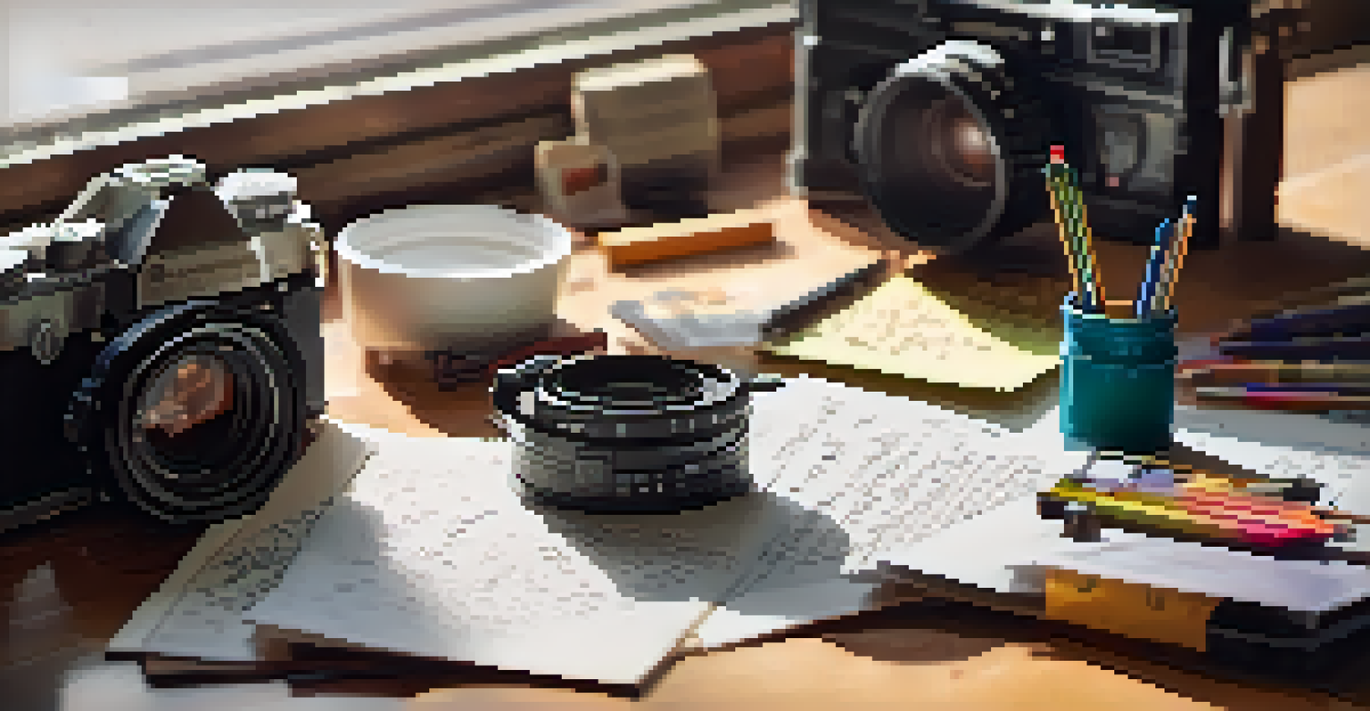 A close-up of a film script on a table with creative tools, showcasing the filmmaking process in a well-lit environment.