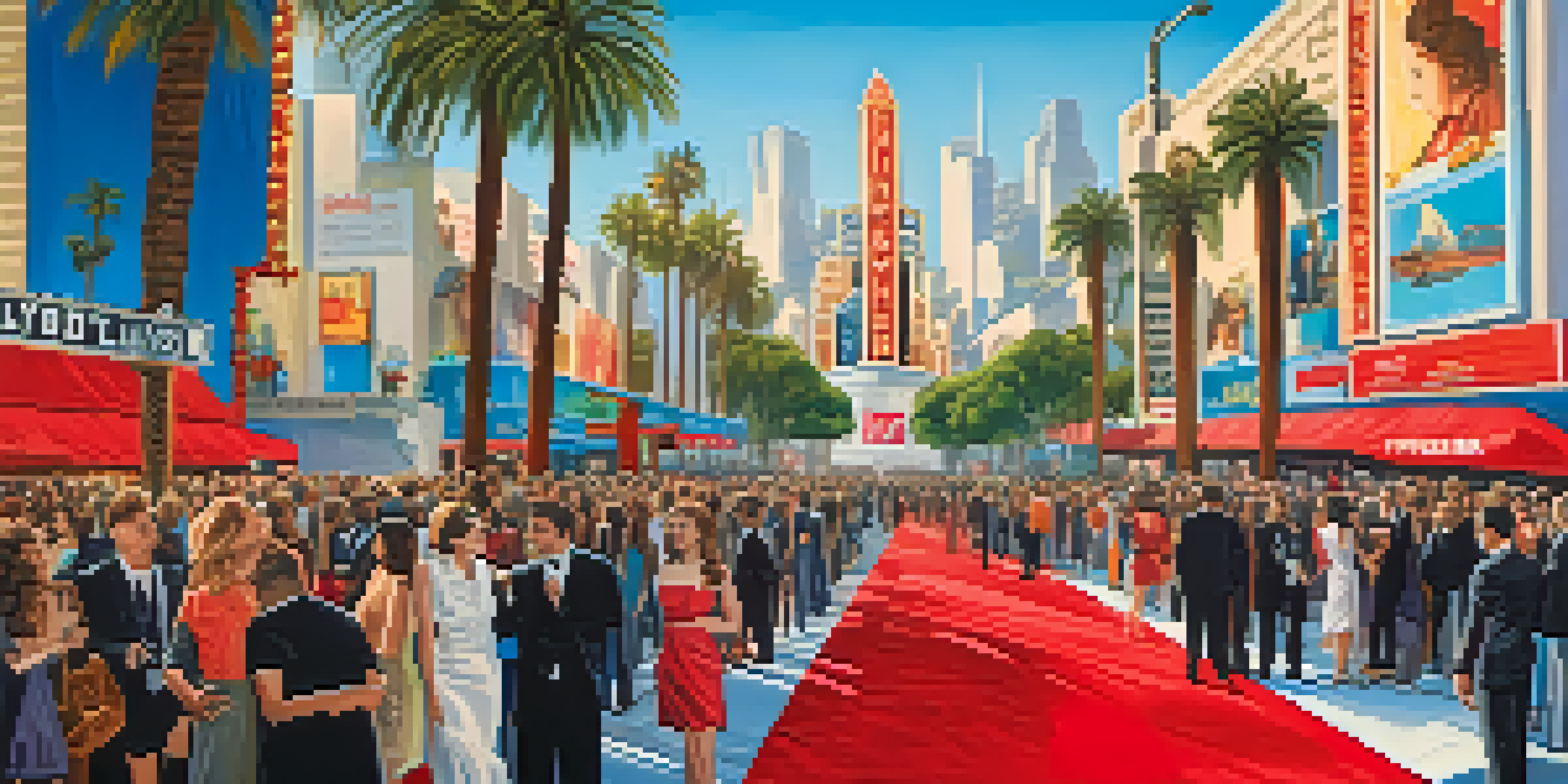 A lively Hollywood street scene during a film premiere, with a red carpet, excited fans, and iconic landmarks in the background.
