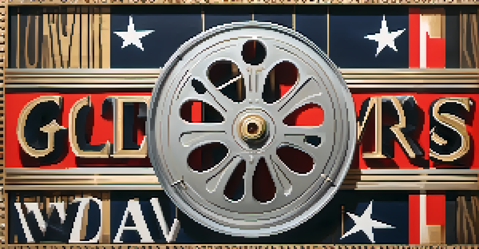 An artistic classic Hollywood movie poster design featuring film symbols and stylized typography against a textured background.