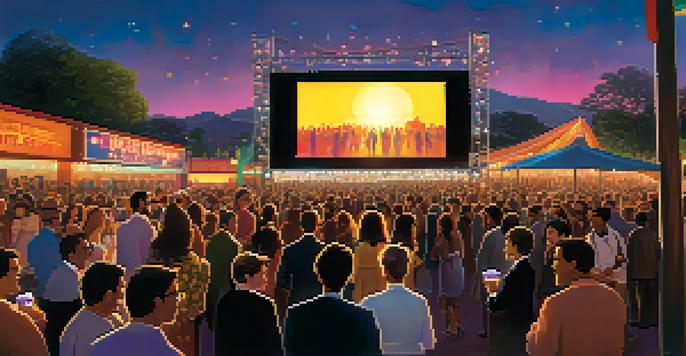 An outdoor film festival with a large screen showing a movie, surrounded by a diverse crowd in formal attire, colorful lights, and film posters, during sunset.