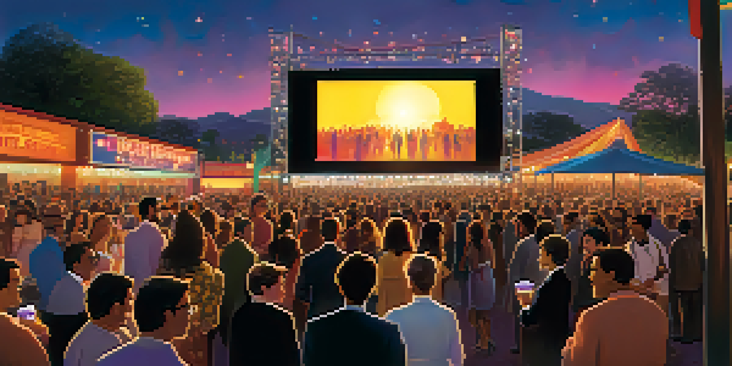 An outdoor film festival with a large screen showing a movie, surrounded by a diverse crowd in formal attire, colorful lights, and film posters, during sunset.