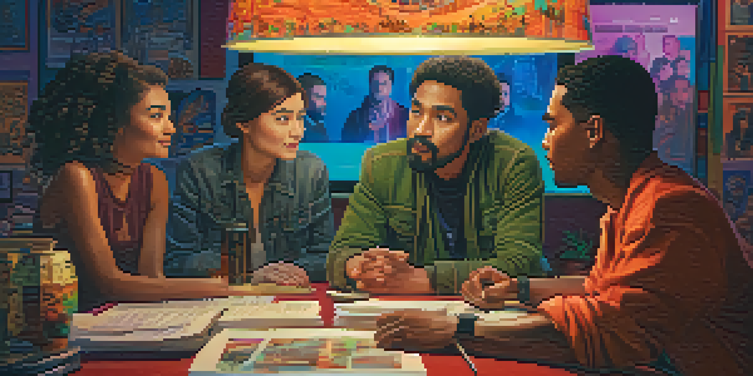 A diverse group of filmmakers discussing a script on a film set, surrounded by colorful cultural posters and soft lighting.