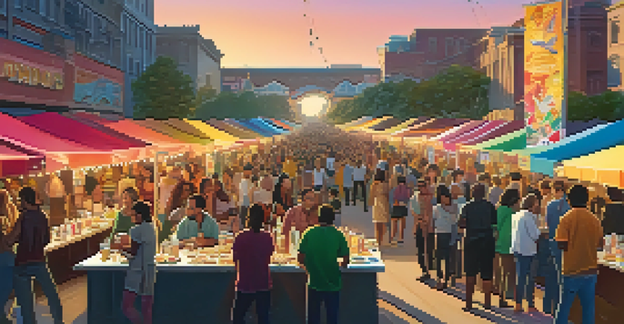 A lively outdoor film festival with diverse attendees conversing, colorful banners, and food stalls under a warm sunset.