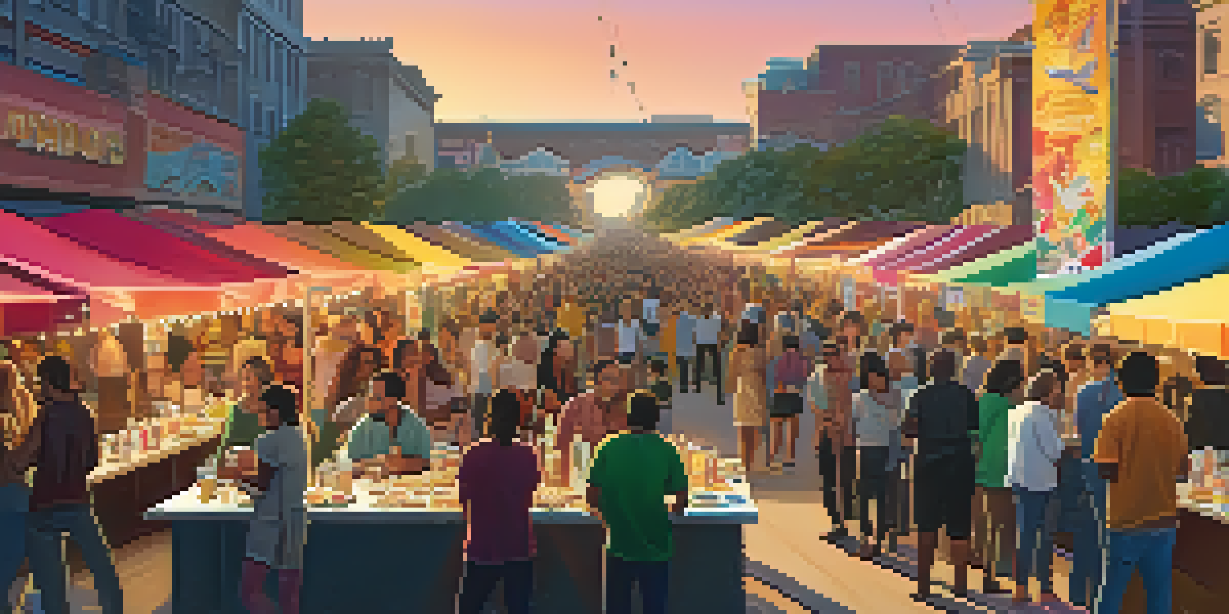 A lively outdoor film festival with diverse attendees conversing, colorful banners, and food stalls under a warm sunset.