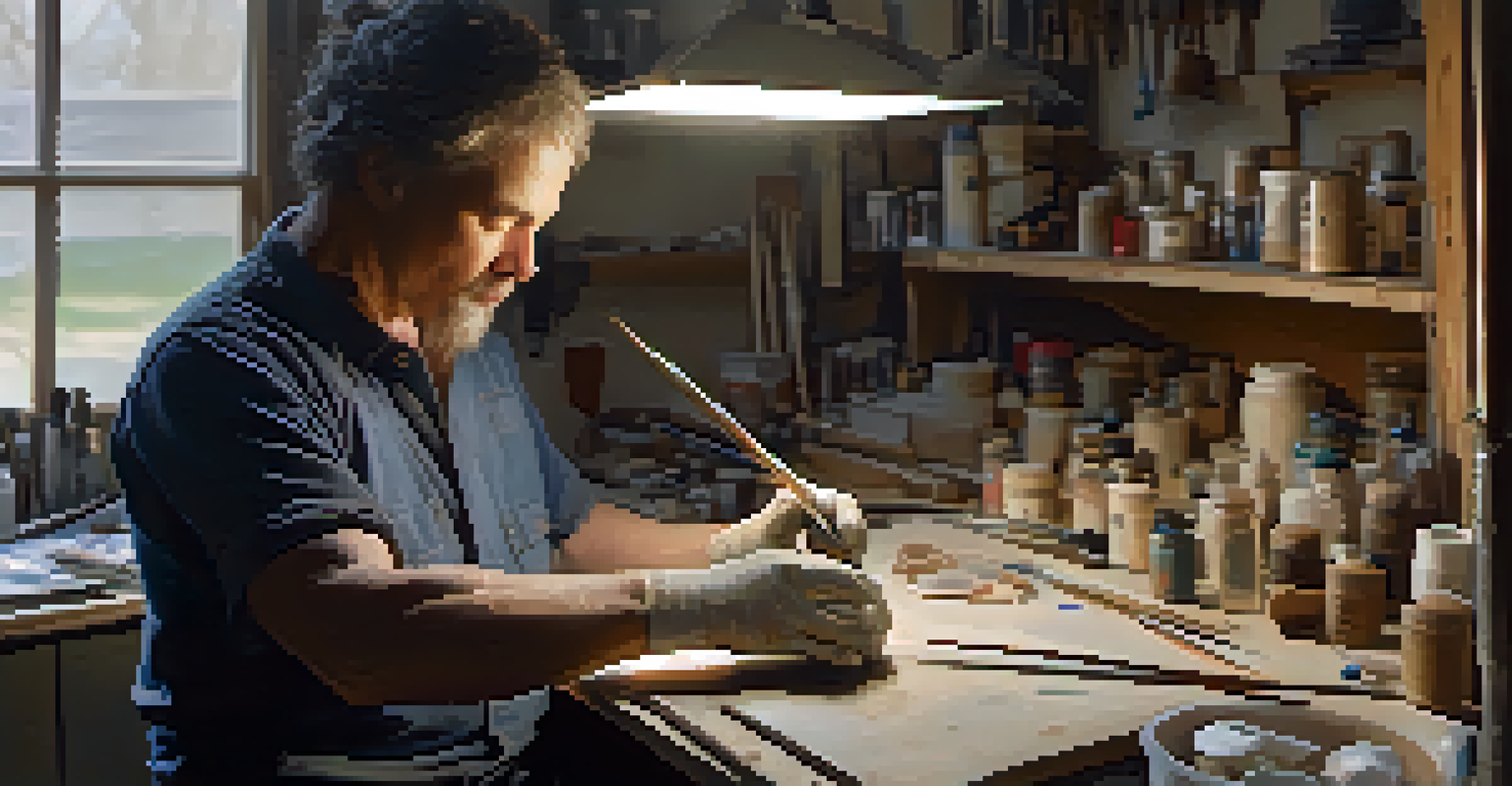 An artist sculpting lifelike prosthetics in a bright workshop filled with tools.