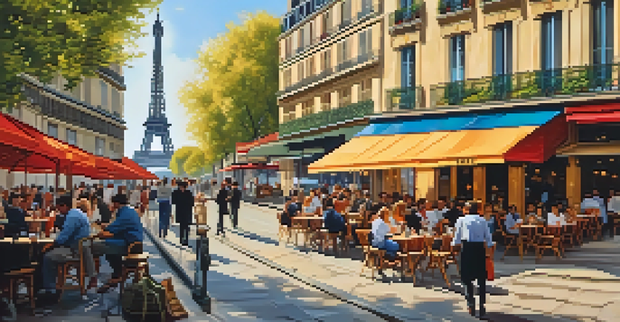 A lively outdoor café in Paris with colorful umbrellas and diners, featuring the Eiffel Tower in the background under warm sunlight.