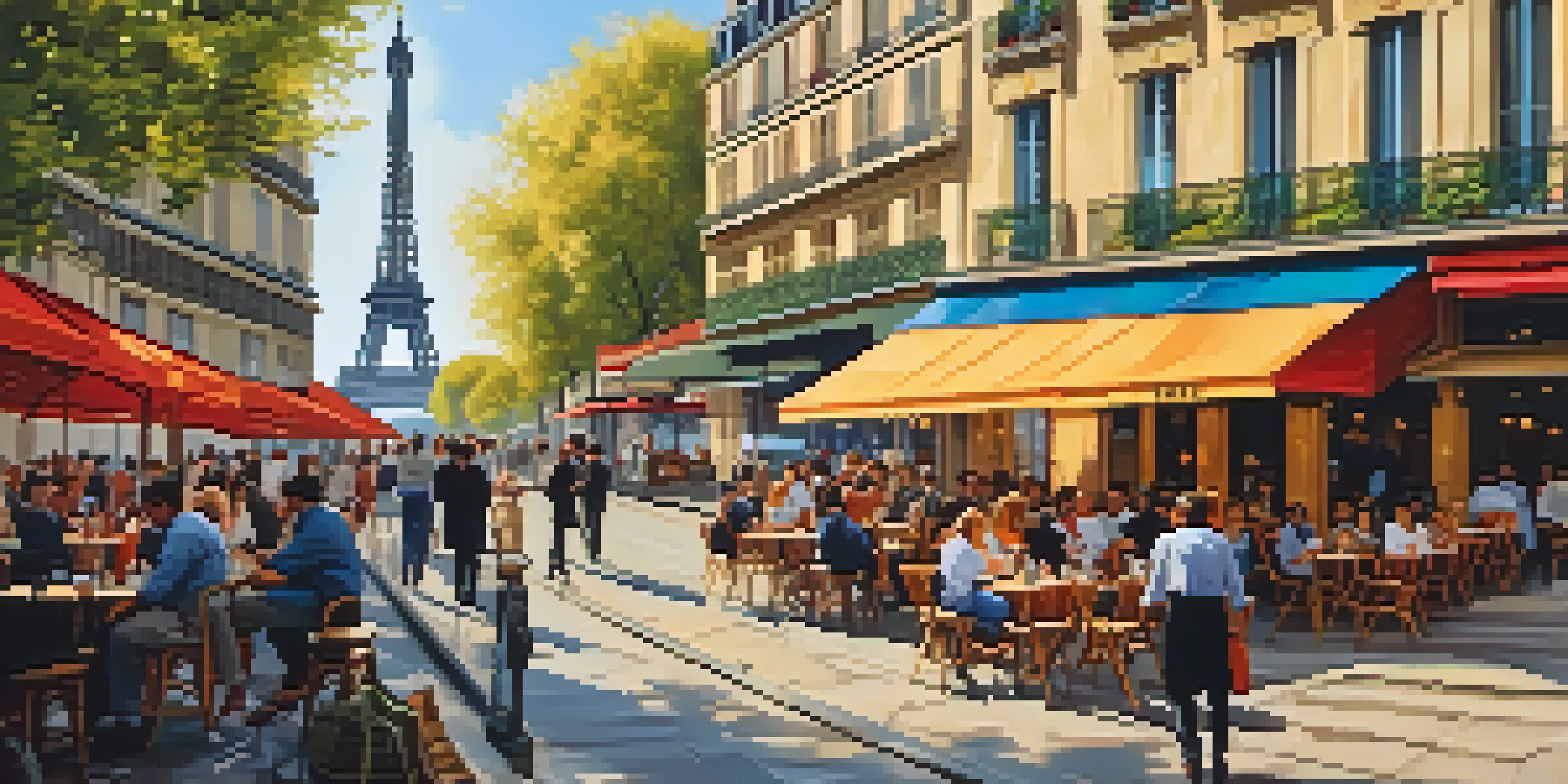 A lively outdoor café in Paris with colorful umbrellas and diners, featuring the Eiffel Tower in the background under warm sunlight.