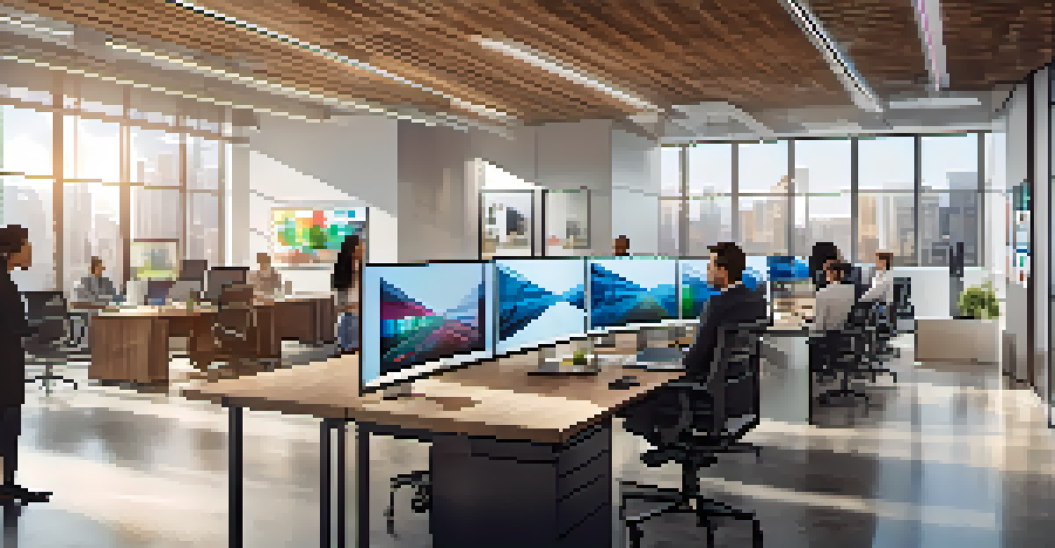 A modern office with diverse professionals collaborating over data analytics on a large screen.