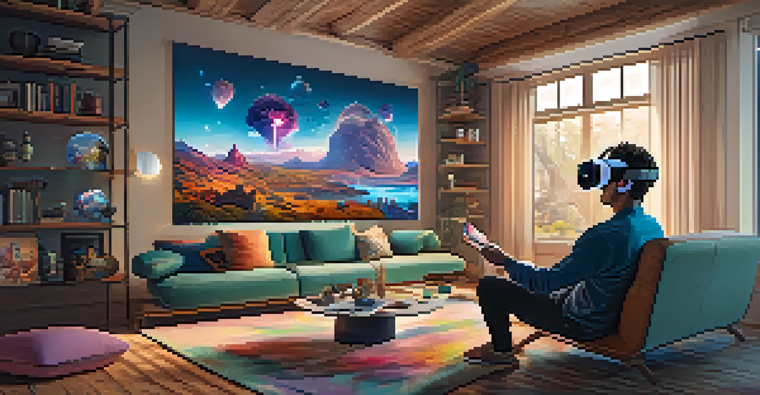 A person in a cozy living room using a VR headset, engaged in a colorful virtual world with holographic images.