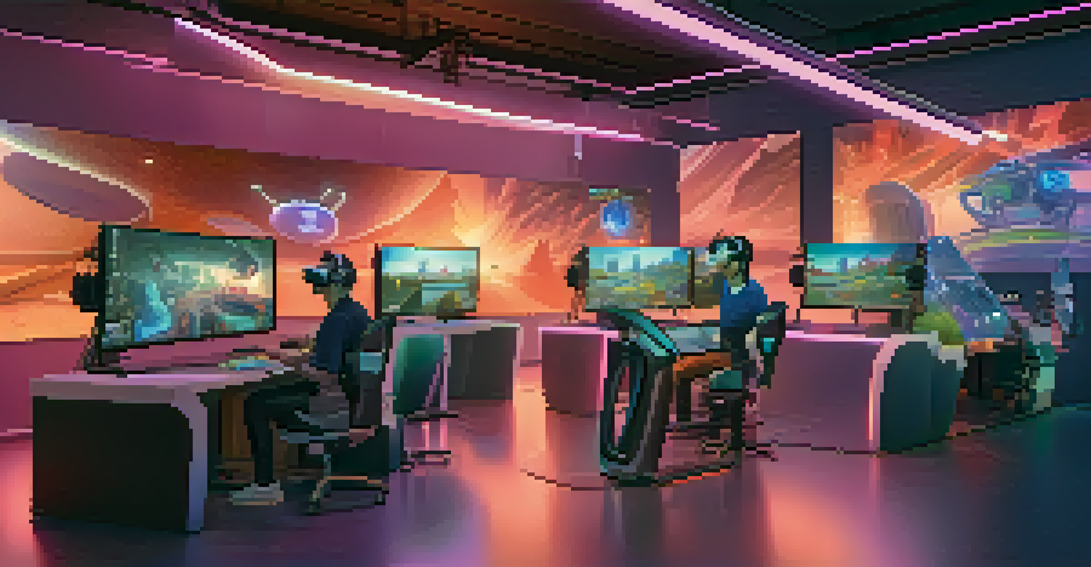 A futuristic animation studio with animators using VR technology to create 3D characters.