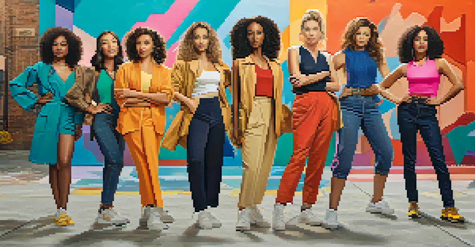 A film set showcasing diverse female actors in strong poses against a colorful mural.