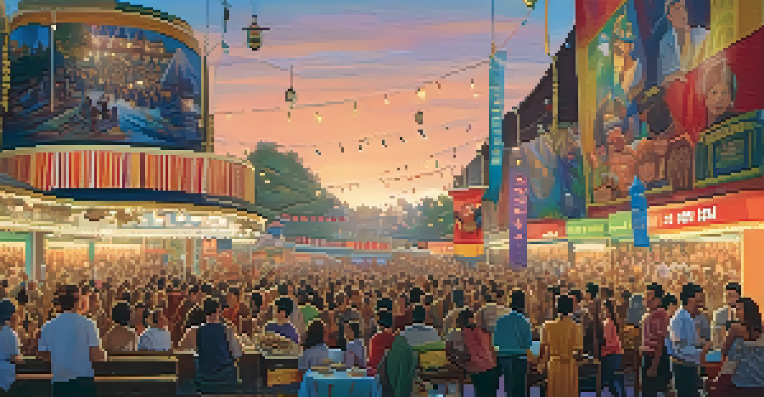 A diverse audience enjoying a film festival in an open-air cinema at sunset, with colorful banners and food stalls.